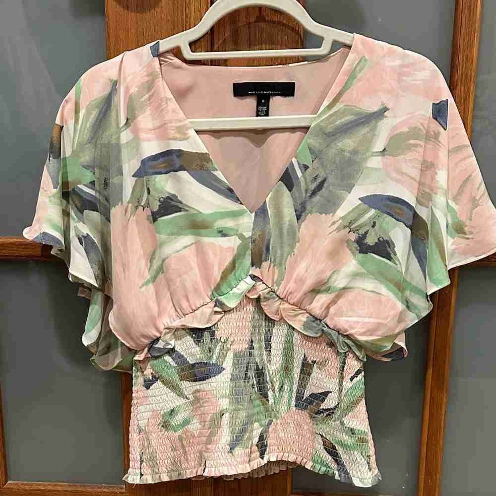 Floral Pink V-Neck Flutter Sleeve Smocked Waist Top